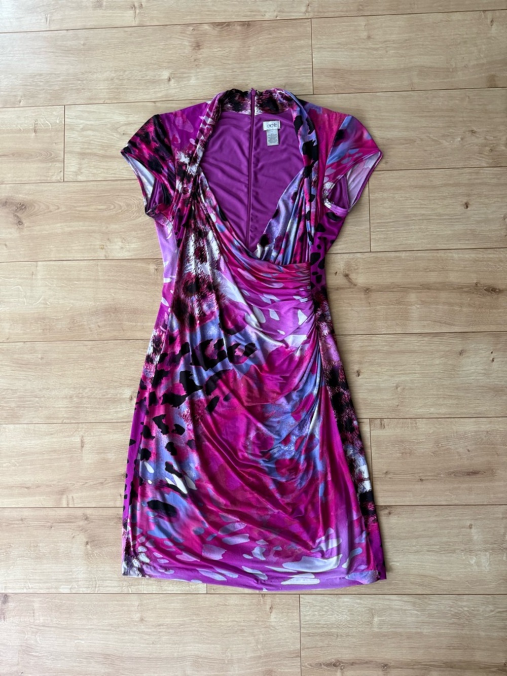 Cache Pink Animal Print Dress 14 Draped Bodycon Wrap Ruched Cocktail
